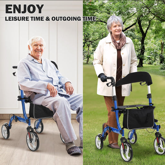 Garvee 2-in-1 Folding Walker & Transport Chair, 300lbs Capacity All-Terrain Rollator with Dual Brake System & Storage Bag, Lightweight Aluminum Frame for Seniors, Shopping, Outdoor Usea