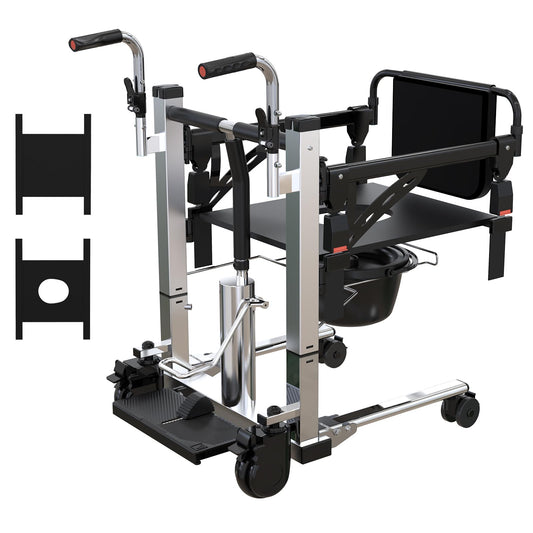 Garvee Hydraulic Patient Lift Transfer Chair, Portable Adjustable Height Wheelchair for Elderly, 180° Split Seat Hoyer Lift, Double Handle, 32.7"-44.5" Height, 330 lbs Capacity, Bathroom & Bedside Care